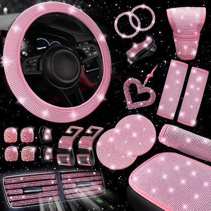 30-Piece Rhinestone Car Interior Accessory Set (Steering Wheel Cover & More)