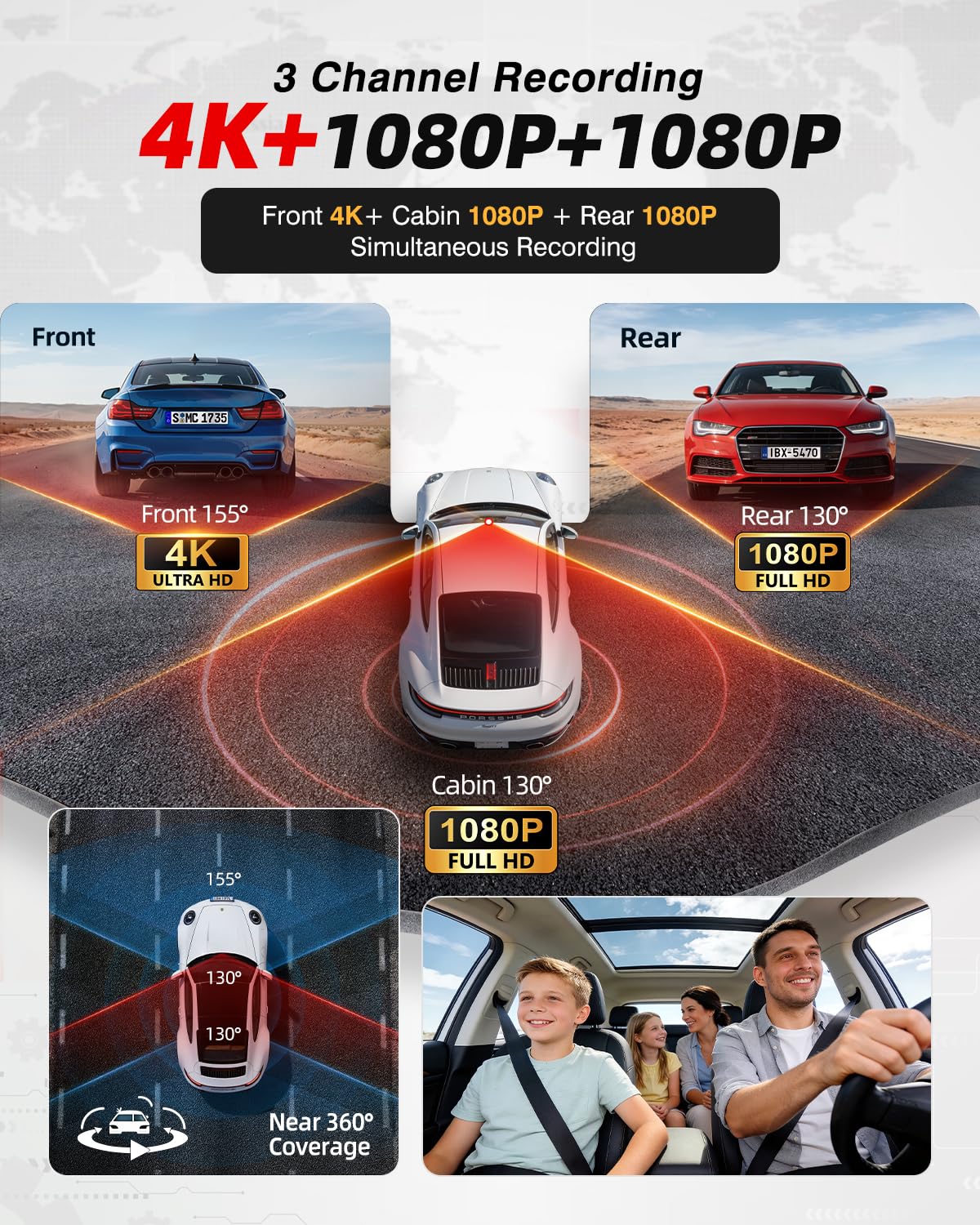 4K 3-Channel Dash Cam with GPS, HDR Night Vision & Parking Mode
