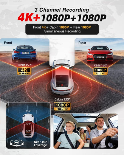 4K 3-Channel Dash Cam with GPS, HDR Night Vision & Parking Mode