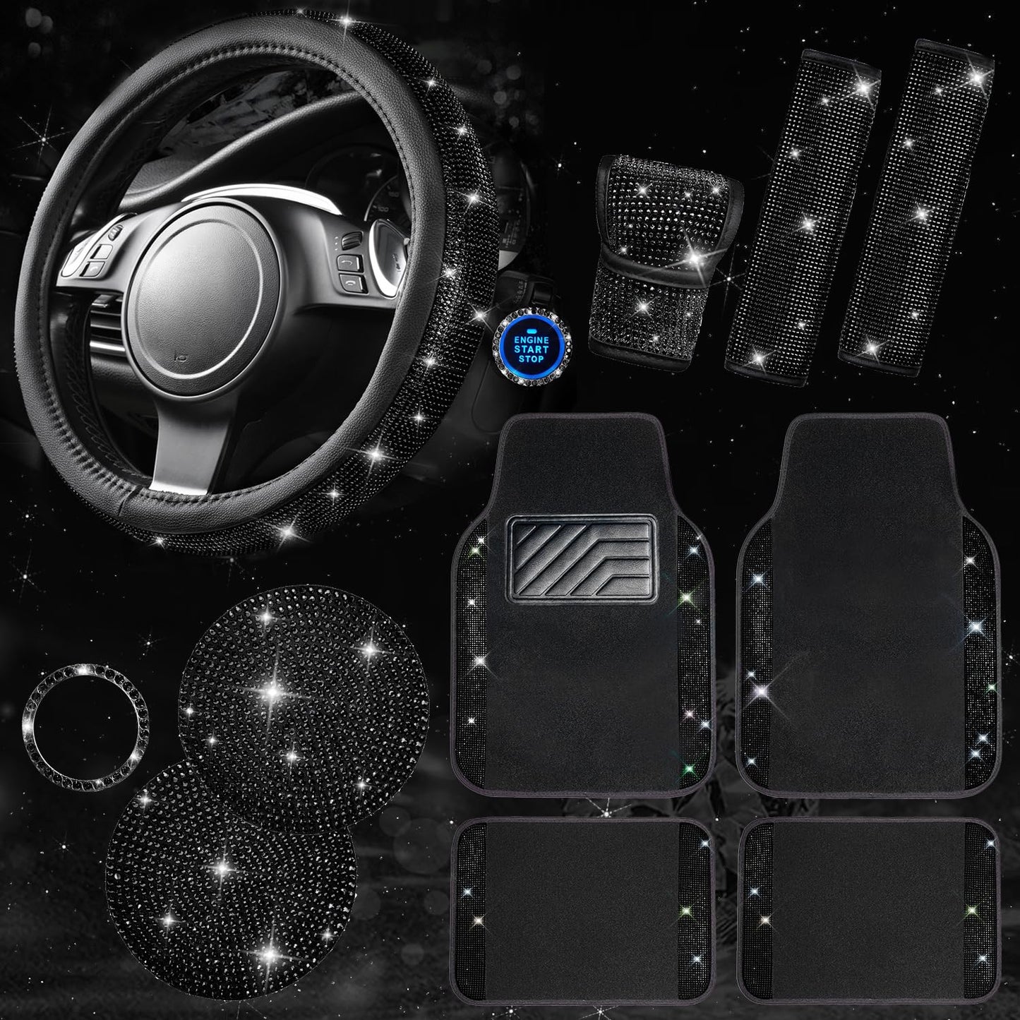 Rhinestone Car Interior Accessory Set (Steering Wheel Cover, Seat Belt Cushion & More)