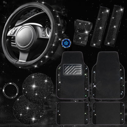 Rhinestone Car Interior Accessory Set (Steering Wheel Cover, Seat Belt Cushion & More)