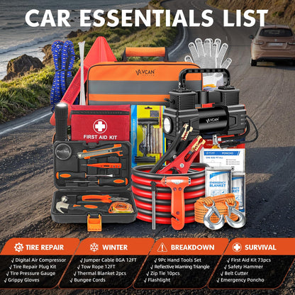 Car Emergency Kit with Air Compressor, Jumper Cables & First Aid Tools