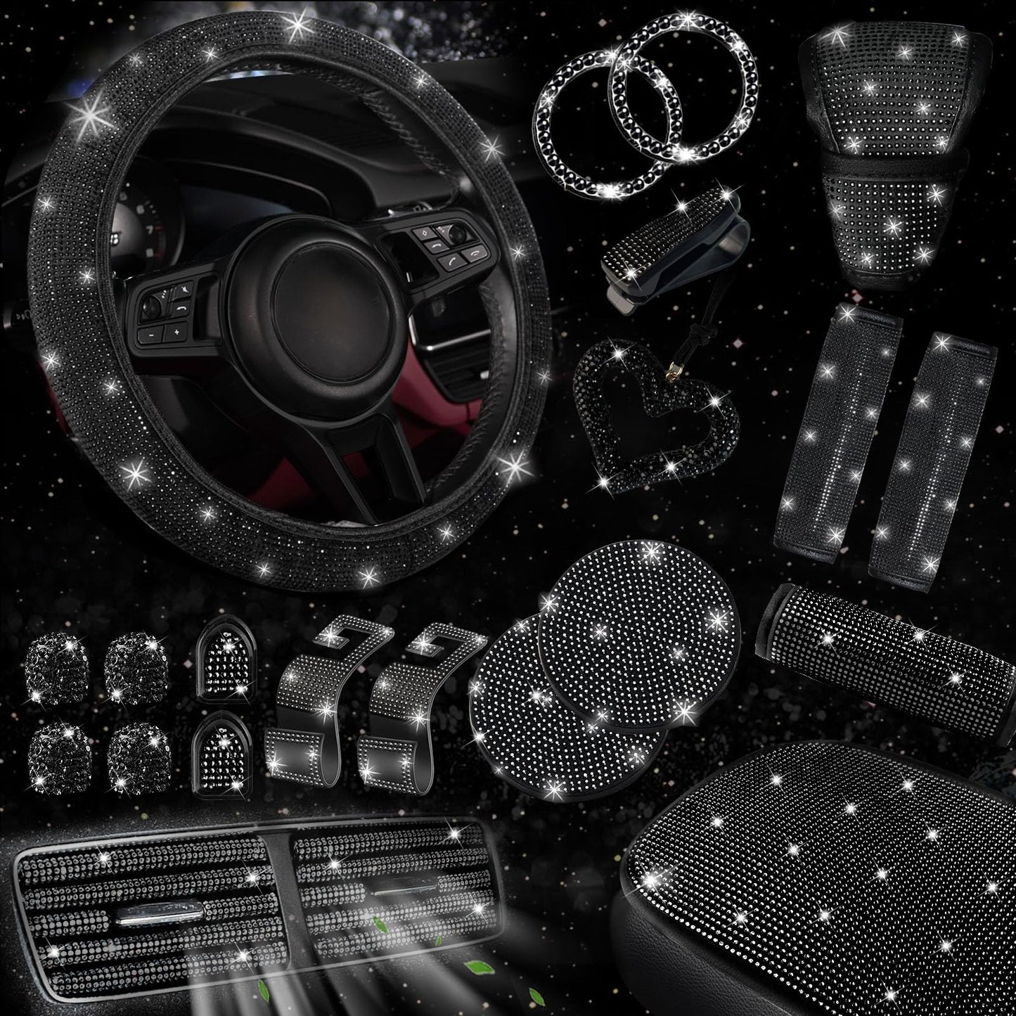30-Piece Rhinestone Car Interior Accessory Set (Steering Wheel Cover & More)