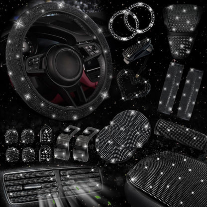 30-Piece Rhinestone Car Interior Accessory Set (Steering Wheel Cover & More)