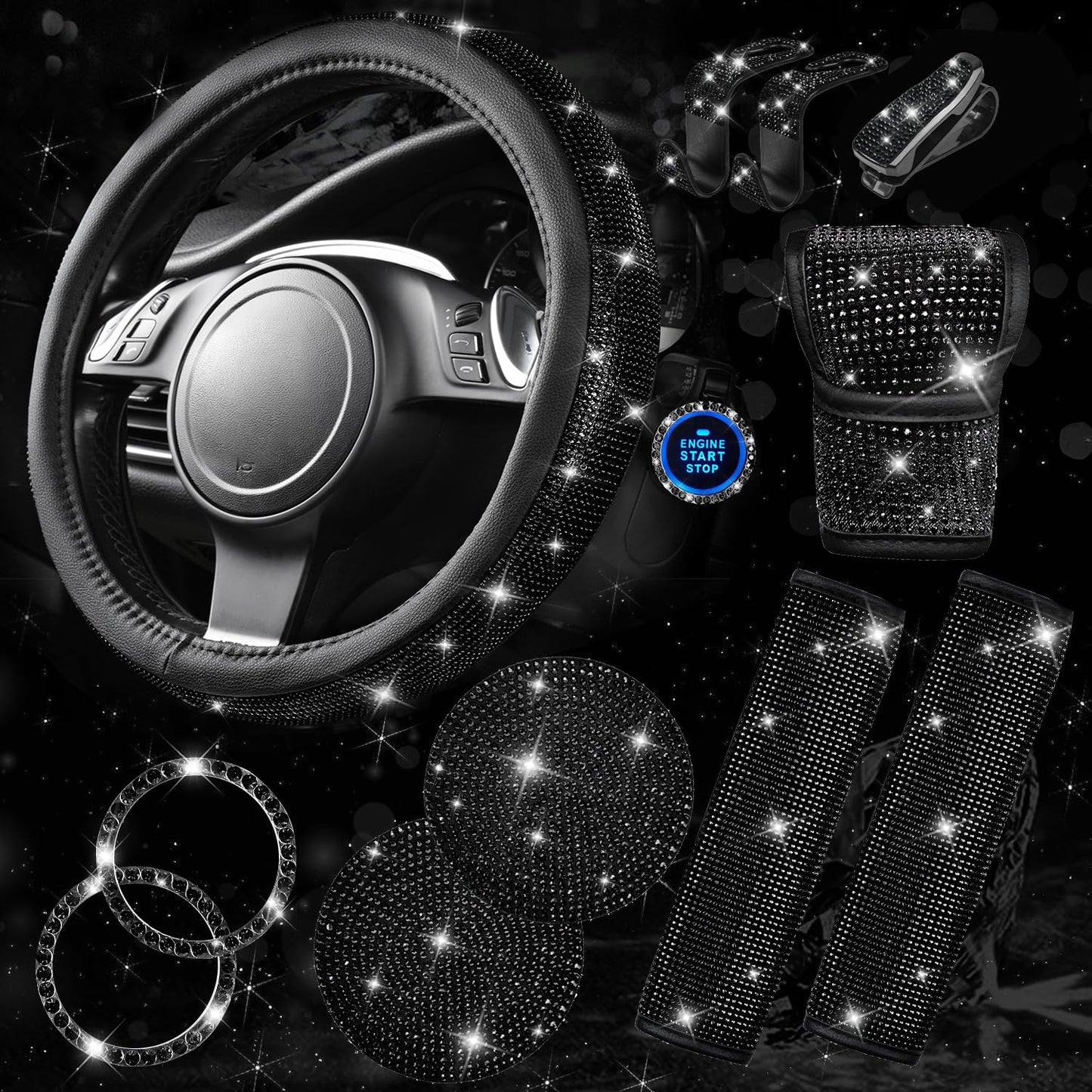 Rhinestone Car Interior Accessory Set (Steering Wheel Cover, Seat Belt Cushion & More)