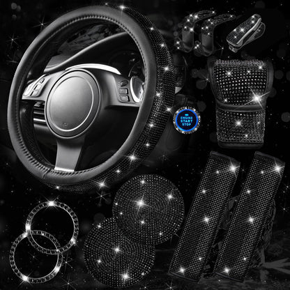 Rhinestone Car Interior Accessory Set (Steering Wheel Cover, Seat Belt Cushion & More)