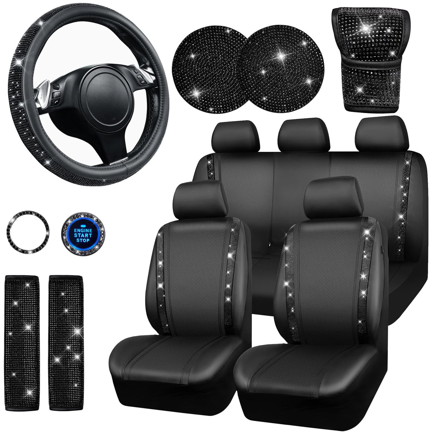 Rhinestone Car Interior Accessory Set (Steering Wheel Cover, Seat Belt Cushion & More)