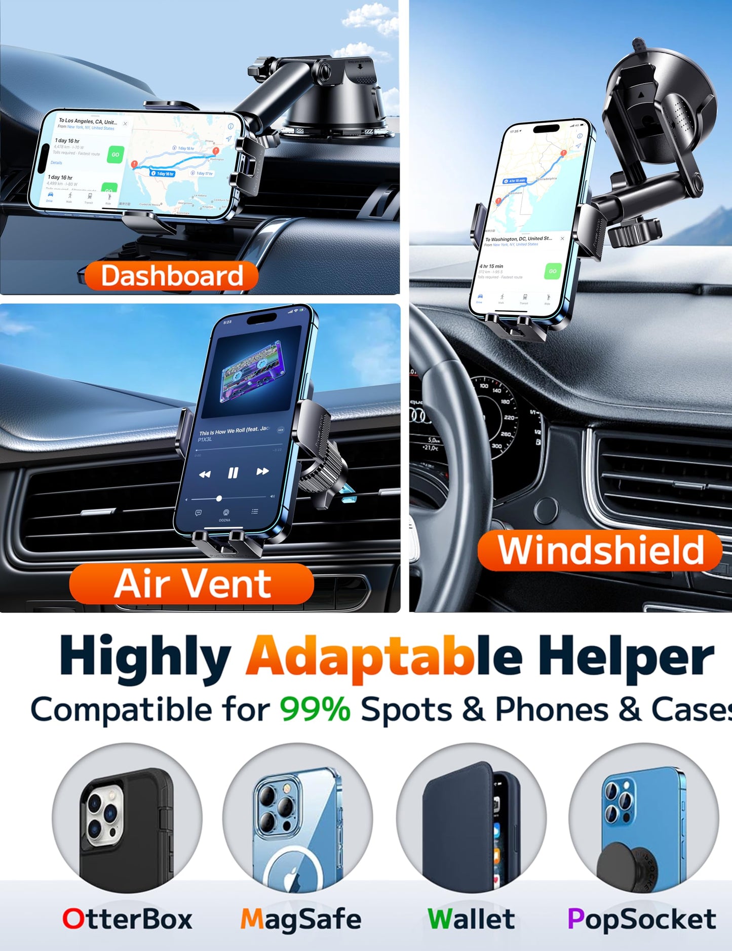 Universal Car Phone Holder Mount for Windshield, Dashboard & Air Vent