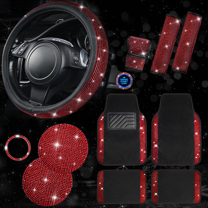 Rhinestone Car Interior Accessory Set (Steering Wheel Cover, Seat Belt Cushion & More)