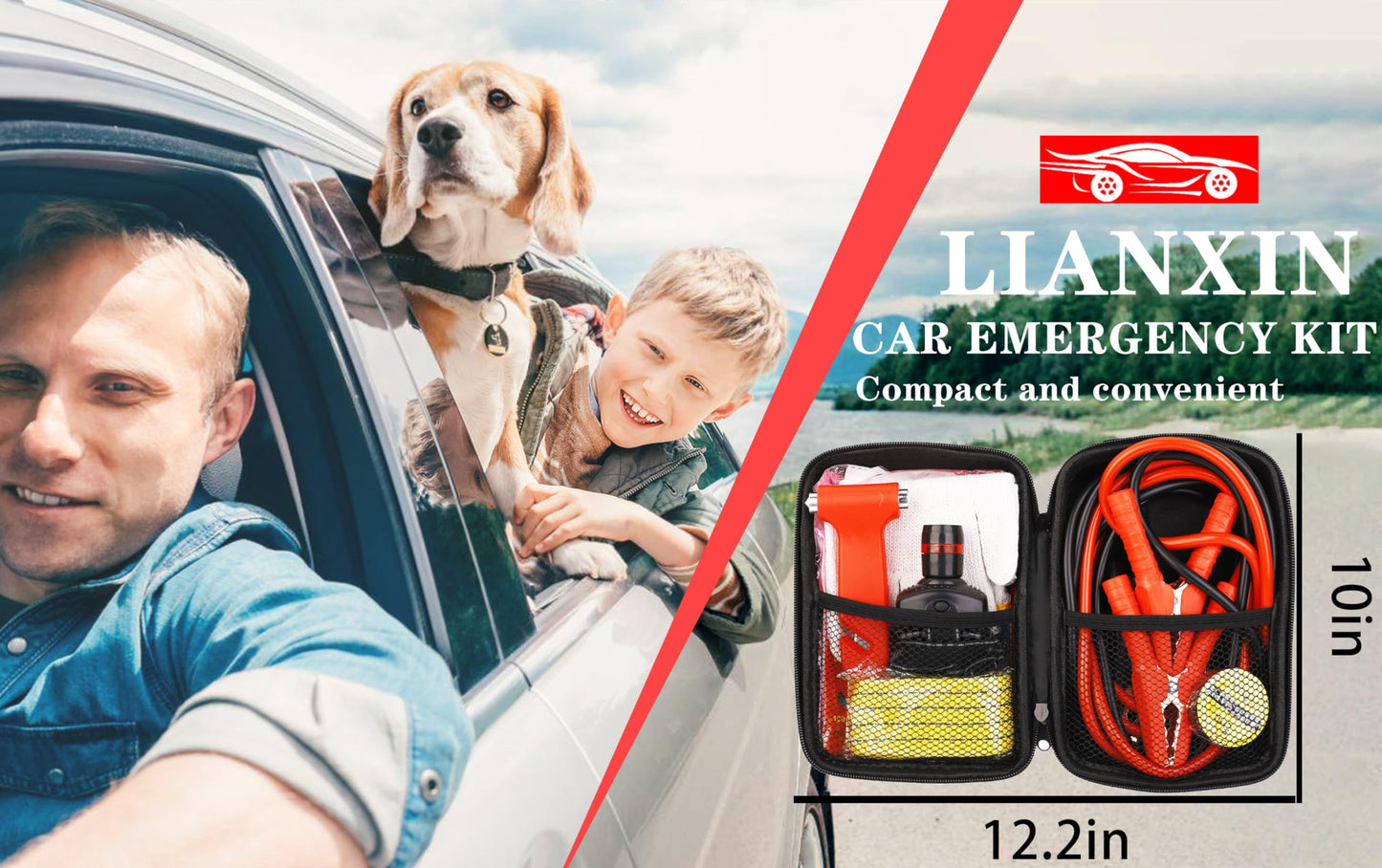 Car Roadside Emergency Kit with Jumper Cables, Tow Strap & Safety Tools