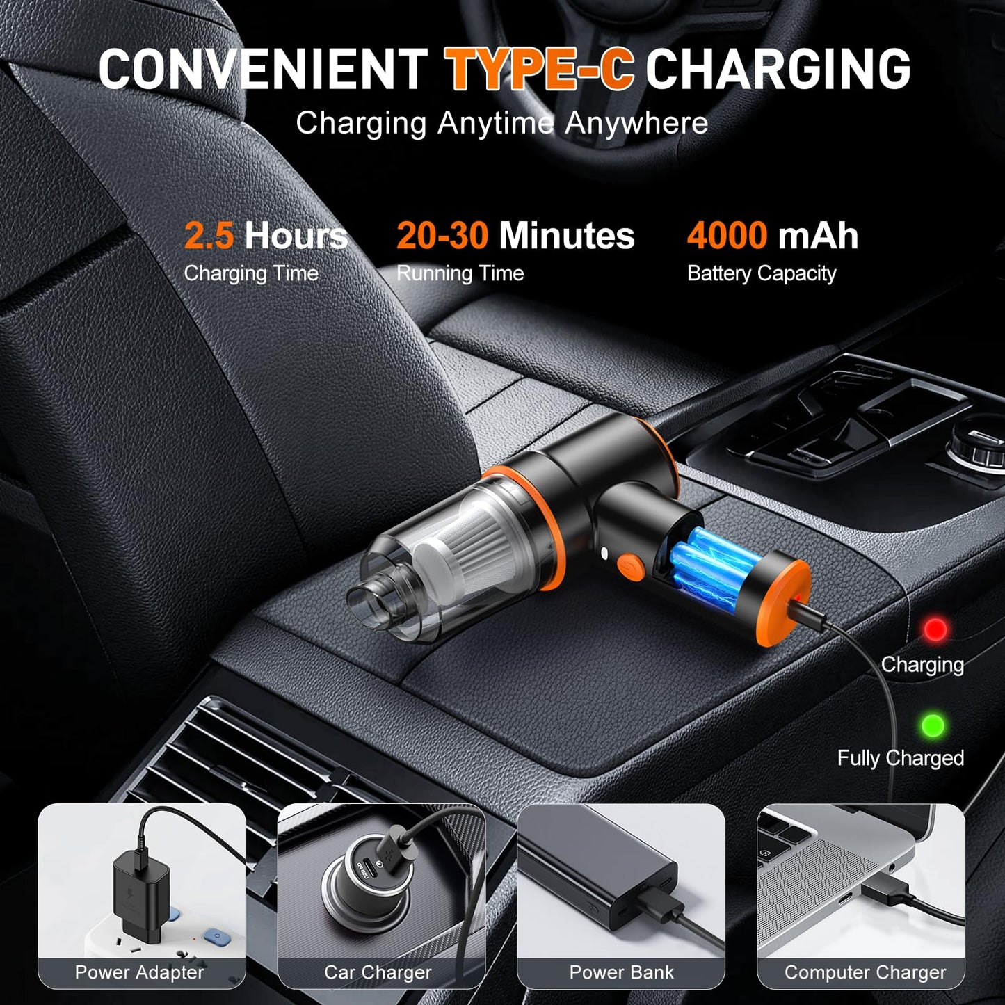 Cordless Handheld Car Vacuum & Air Duster (120W, Rechargeable)