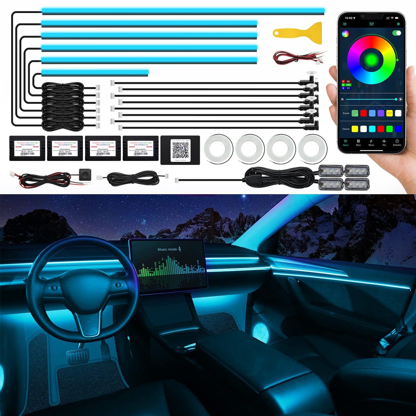 RGB Acrylic Car Interior LED Light Kit with App Control & Music Sync