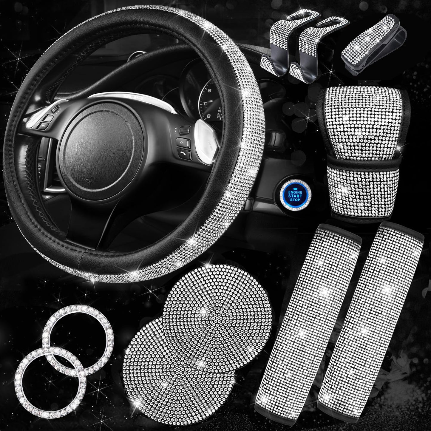 Rhinestone Car Interior Accessory Set (Steering Wheel Cover, Seat Belt Cushion & More)