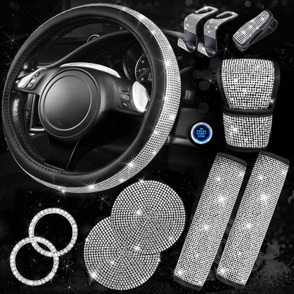 Rhinestone Car Interior Accessory Set (Steering Wheel Cover, Seat Belt Cushion & More)