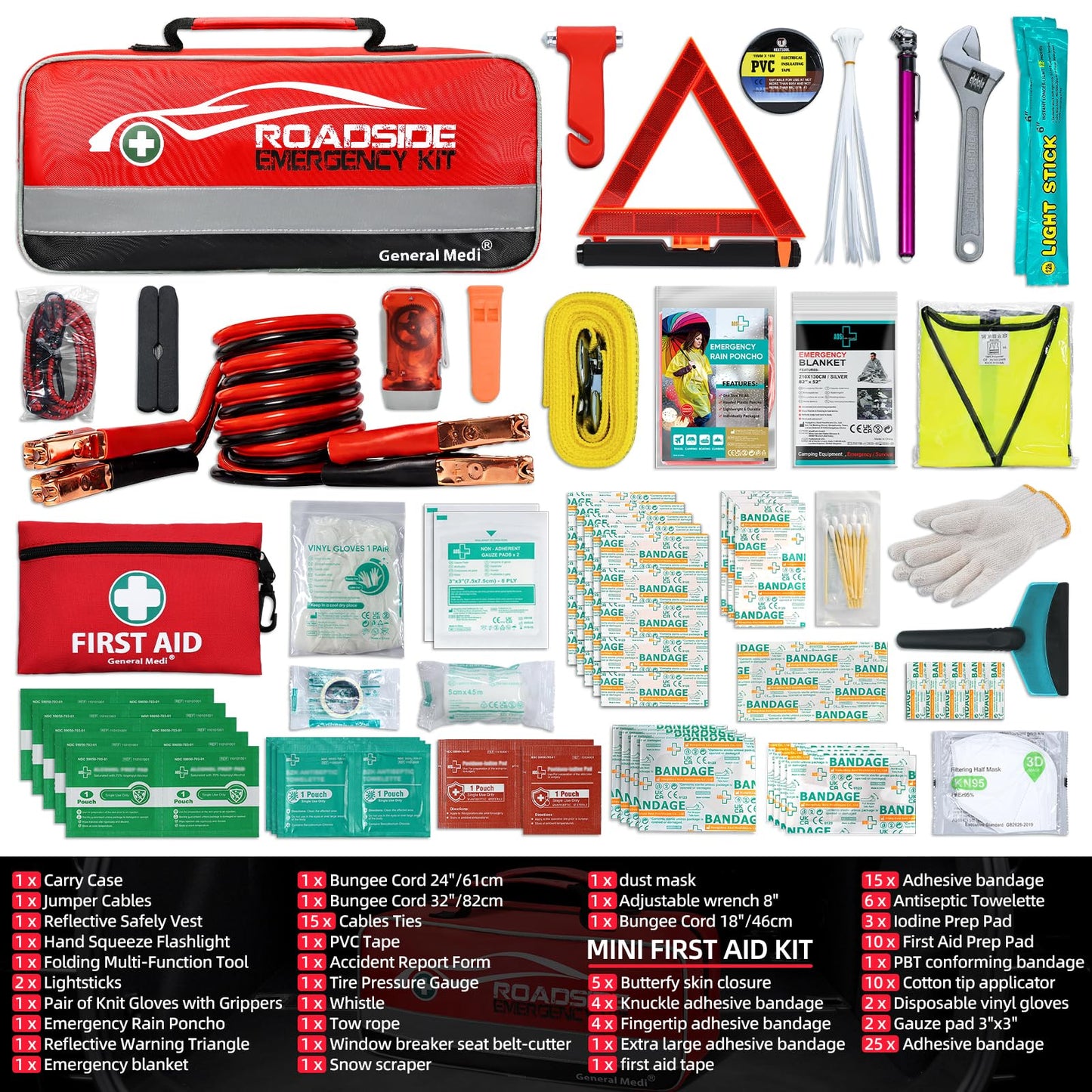 127-Piece Car Emergency Roadside Kit with First Aid, Jumper Cables & Safety Tools