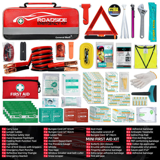 127-Piece Car Emergency Roadside Kit with First Aid, Jumper Cables & Safety Tools