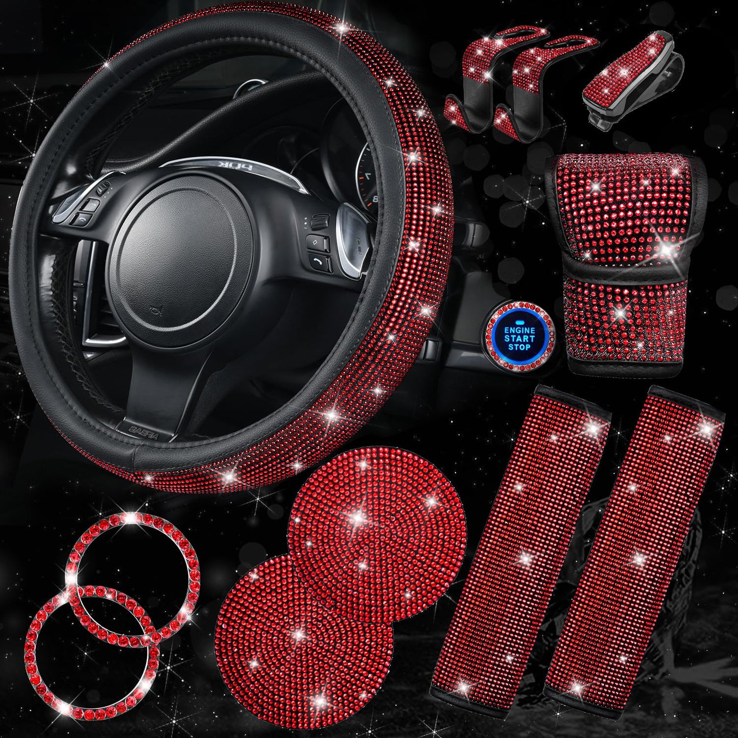 Rhinestone Car Interior Accessory Set (Steering Wheel Cover, Seat Belt Cushion & More)