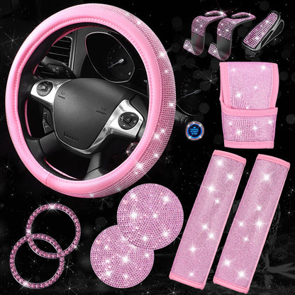 Rhinestone Car Interior Accessory Set (Steering Wheel Cover, Seat Belt Cushion & More)