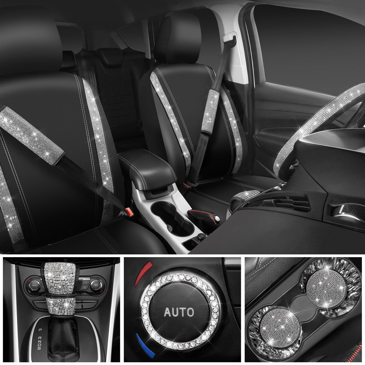 Rhinestone Car Interior Accessory Set (Steering Wheel Cover, Seat Belt Cushion & More)