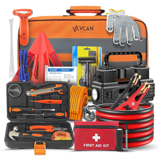 Car Emergency Kit with Air Compressor, Jumper Cables & First Aid Tools