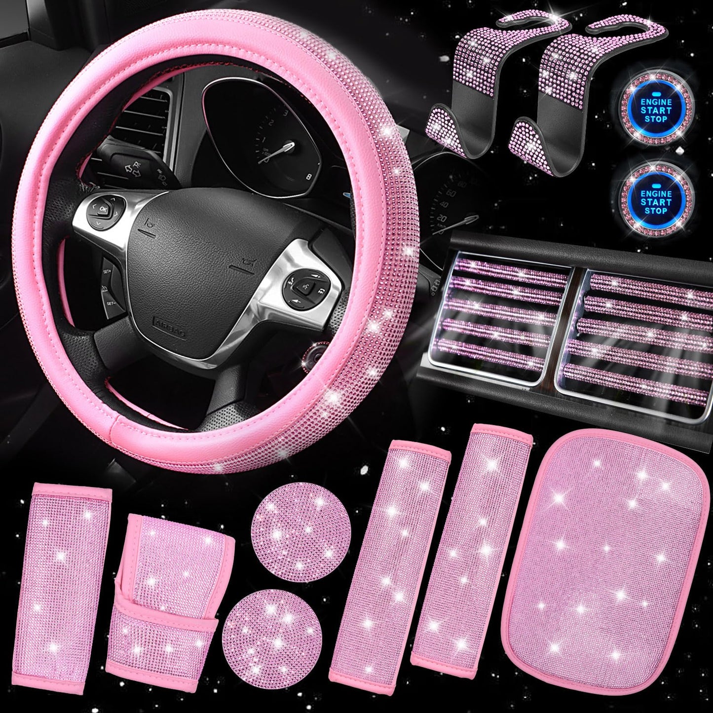 Rhinestone Car Interior Accessory Set (Steering Wheel Cover, Seat Belt Cushion & More)