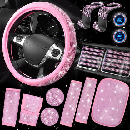 Rhinestone Car Interior Accessory Set (Steering Wheel Cover, Seat Belt Cushion & More)