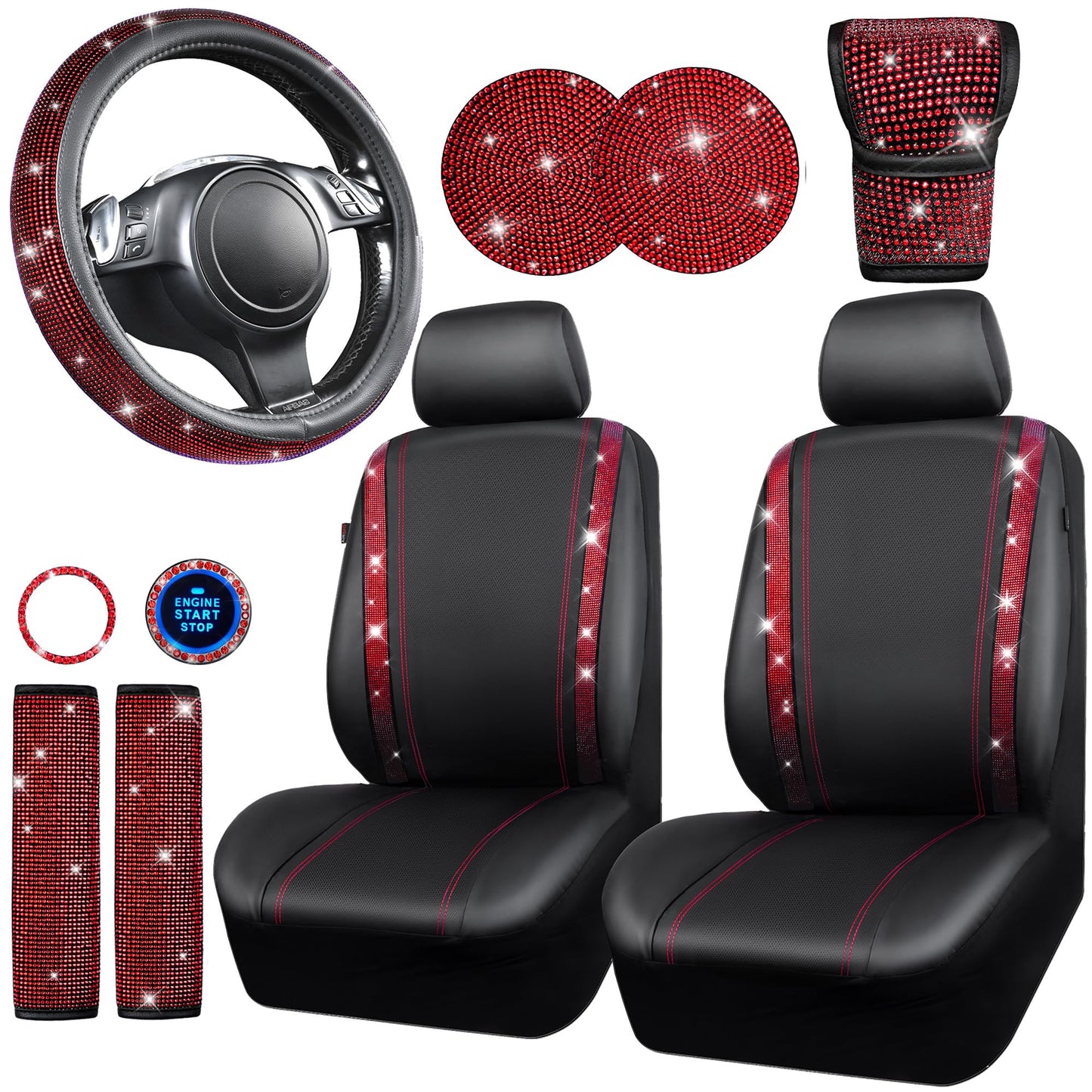 Rhinestone Car Interior Accessory Set (Steering Wheel Cover, Seat Belt Cushion & More)