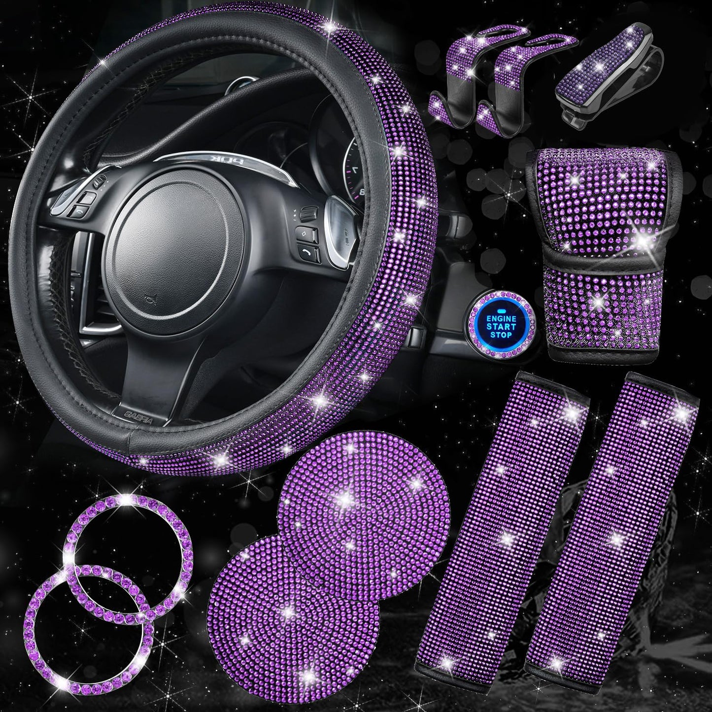 Rhinestone Car Interior Accessory Set (Steering Wheel Cover, Seat Belt Cushion & More)