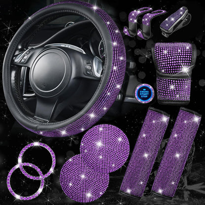 Rhinestone Car Interior Accessory Set (Steering Wheel Cover, Seat Belt Cushion & More)