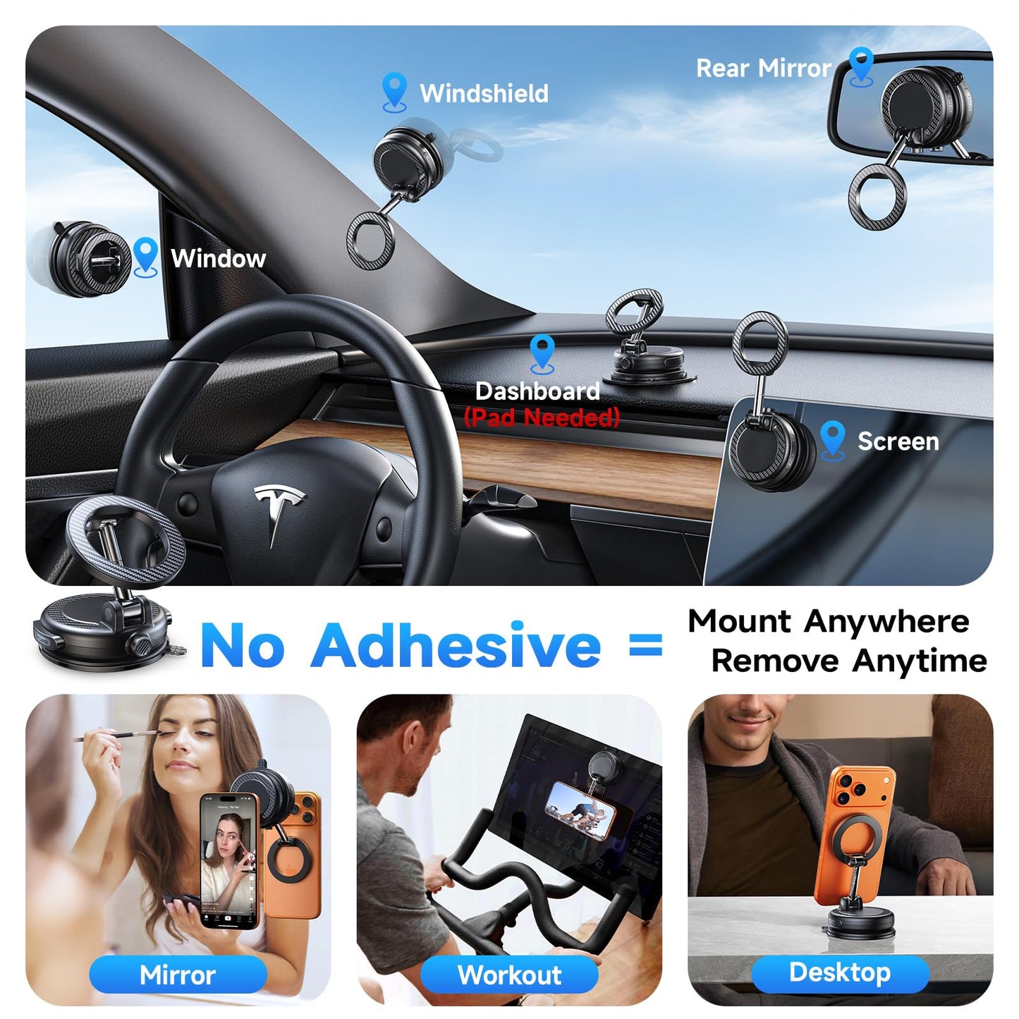 Magnetic Car Phone Mount with Vacuum Suction & 360° Adjustment