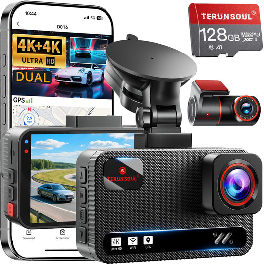 4K+4K Dual Dash Cam with GPS, WiFi & Parking Mode (128GB Included)