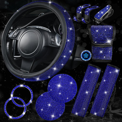 Rhinestone Car Interior Accessory Set (Steering Wheel Cover, Seat Belt Cushion & More)
