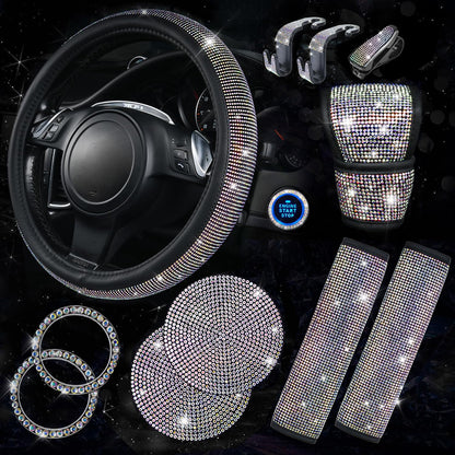 Rhinestone Car Interior Accessory Set (Steering Wheel Cover, Seat Belt Cushion & More)