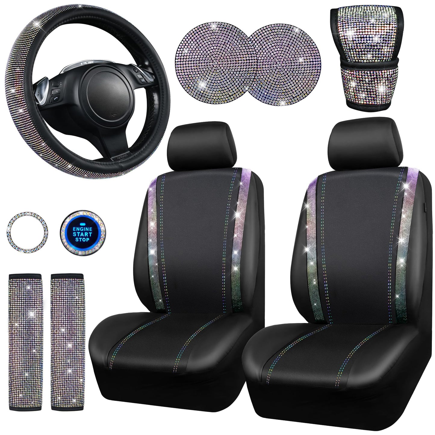 Rhinestone Car Interior Accessory Set (Steering Wheel Cover, Seat Belt Cushion & More)