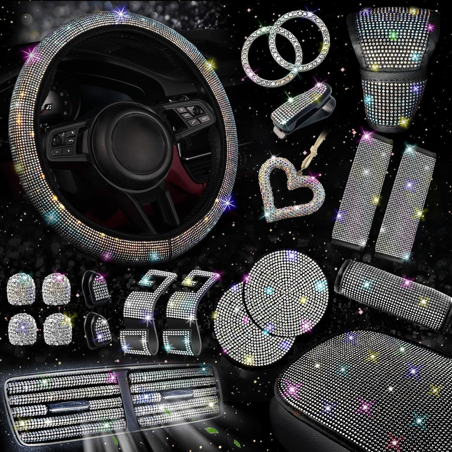 30-Piece Rhinestone Car Interior Accessory Set (Steering Wheel Cover & More)