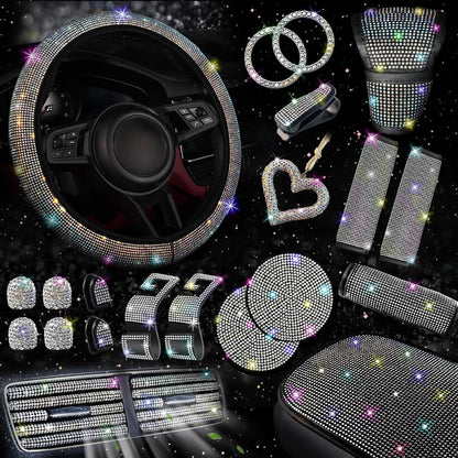 30-Piece Rhinestone Car Interior Accessory Set (Steering Wheel Cover & More)