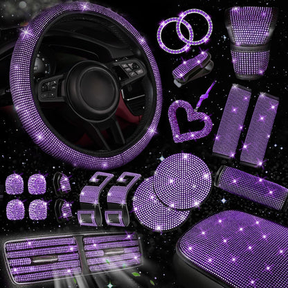 30-Piece Rhinestone Car Interior Accessory Set (Steering Wheel Cover & More)