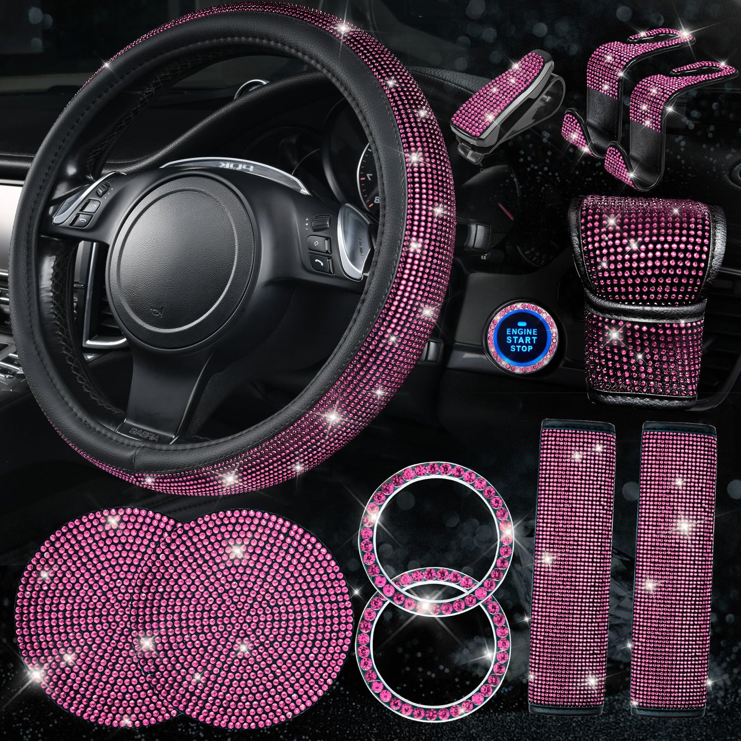 Rhinestone Car Interior Accessory Set (Steering Wheel Cover, Seat Belt Cushion & More)