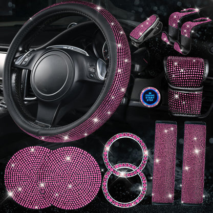 Rhinestone Car Interior Accessory Set (Steering Wheel Cover, Seat Belt Cushion & More)