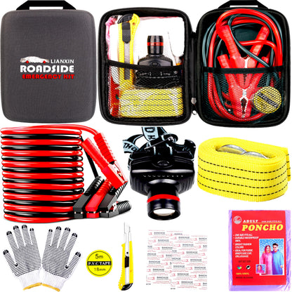 Car Roadside Emergency Kit with Jumper Cables, Tow Strap & Safety Tools