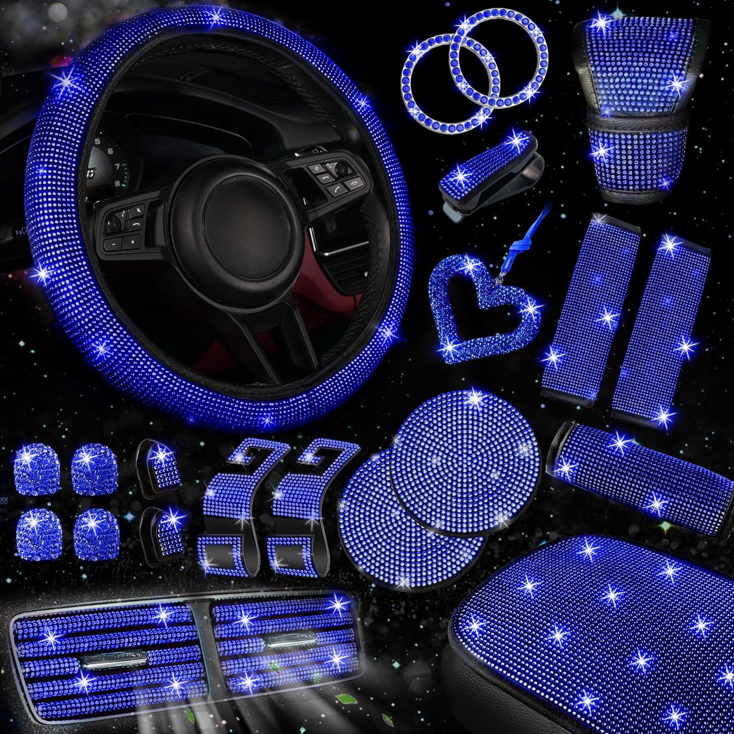 30-Piece Rhinestone Car Interior Accessory Set (Steering Wheel Cover & More)