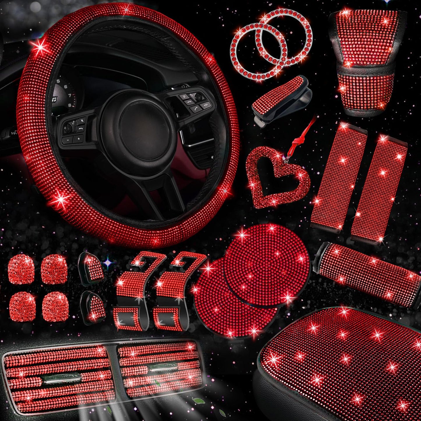 30-Piece Rhinestone Car Interior Accessory Set (Steering Wheel Cover & More)