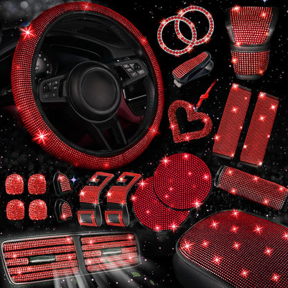 30-Piece Rhinestone Car Interior Accessory Set (Steering Wheel Cover & More)