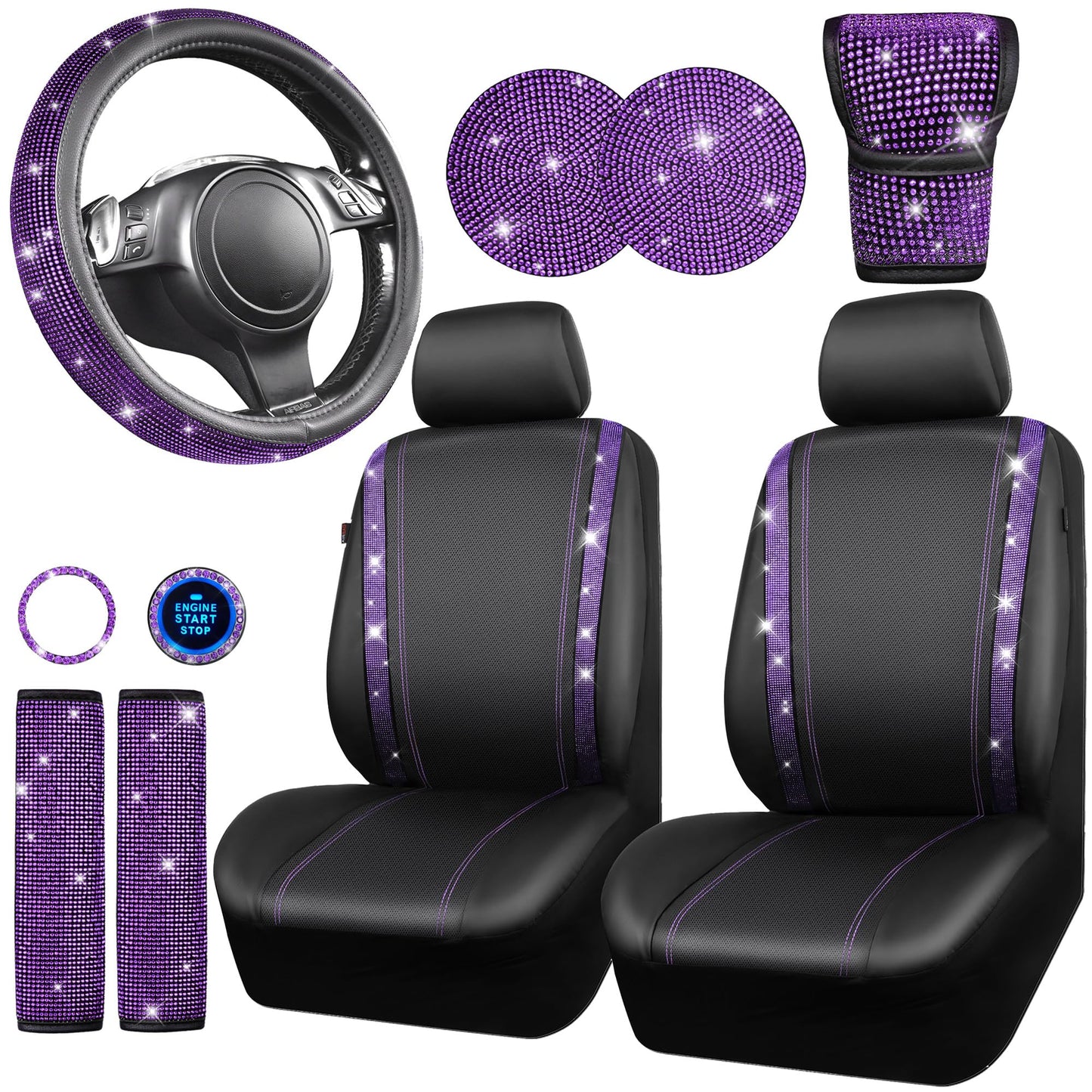 Rhinestone Car Interior Accessory Set (Steering Wheel Cover, Seat Belt Cushion & More)