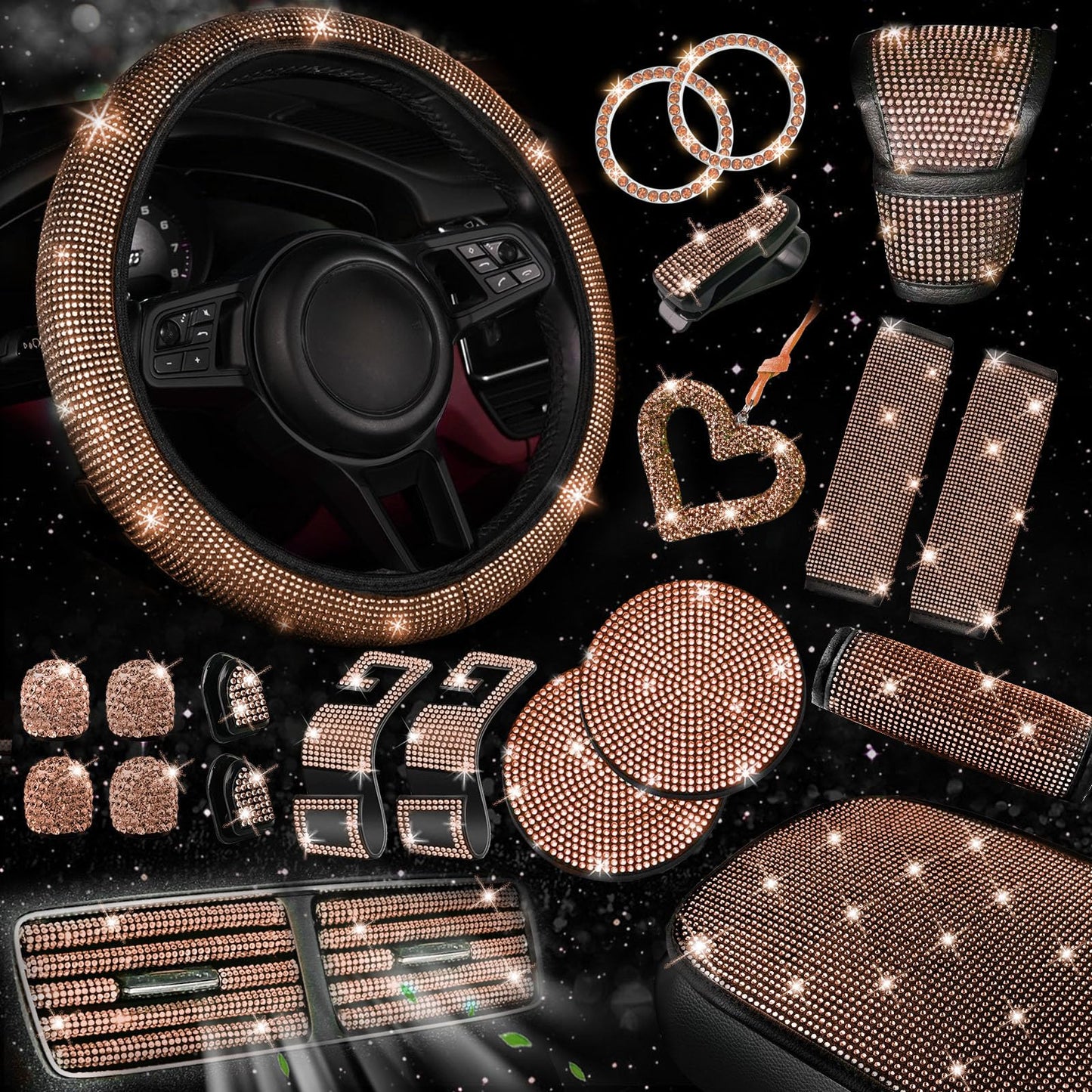 30-Piece Rhinestone Car Interior Accessory Set (Steering Wheel Cover & More)