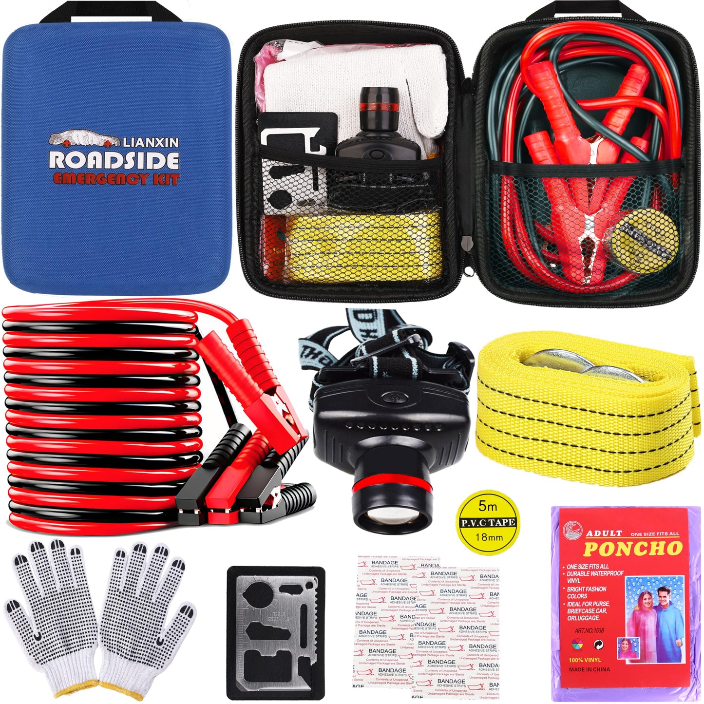 Car Roadside Emergency Kit with Jumper Cables, Tow Strap & Safety Tools