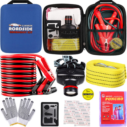 Car Roadside Emergency Kit with Jumper Cables, Tow Strap & Safety Tools