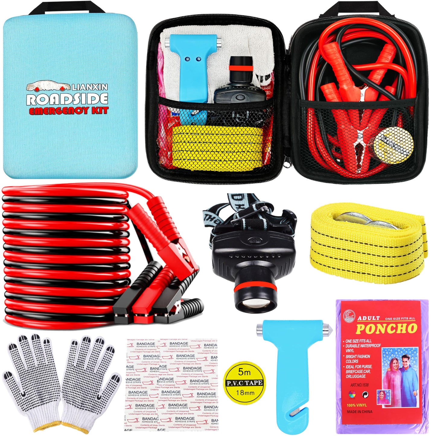 Car Roadside Emergency Kit with Jumper Cables, Tow Strap & Safety Tools