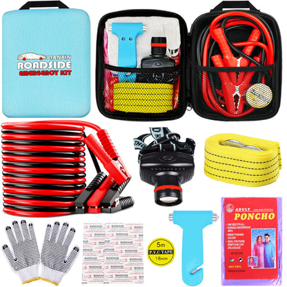 Car Roadside Emergency Kit with Jumper Cables, Tow Strap & Safety Tools