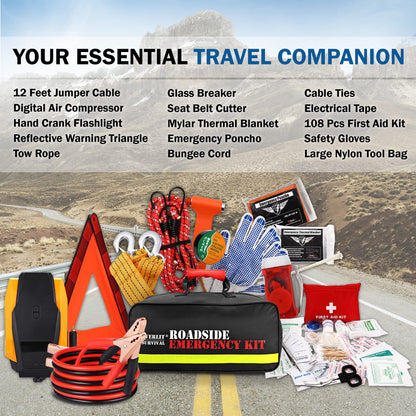 Car Emergency Roadside Kit with Air Compressor, Jumper Cables & First Aid Kit